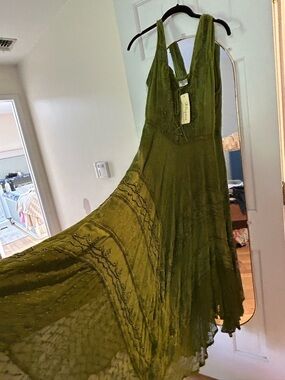 Advance Apparels Olive Green Embroidered V-Neck Maxi Dress